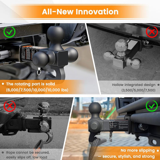 360° Swivel Trailer Hitch Tri-Ball Mount with Hook