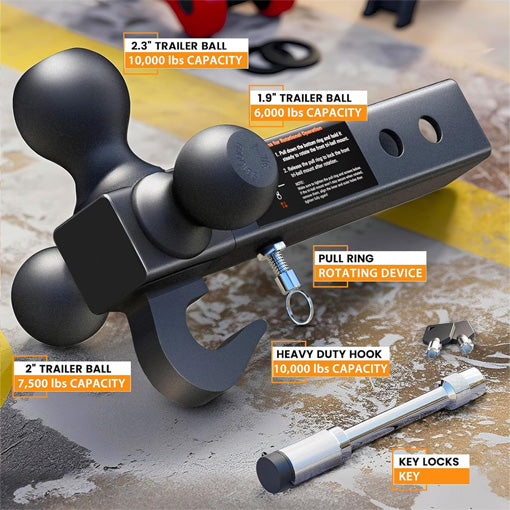 360° Swivel Trailer Hitch Tri-Ball Mount with Hook
