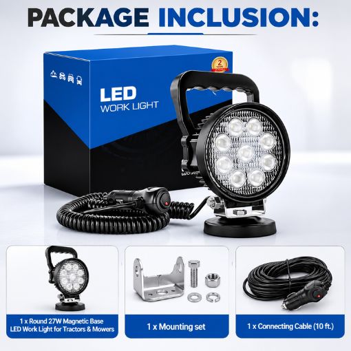 Round 27W Magnetic Base LED Work Light for Tractors & Mowers