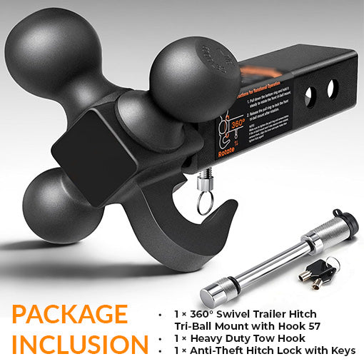 360° Swivel Trailer Hitch Tri-Ball Mount with Hook