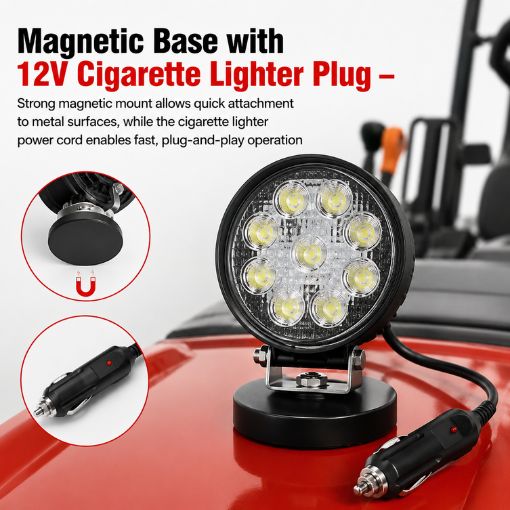 Round 27W Magnetic Base LED Work Light for Tractors & Mowers