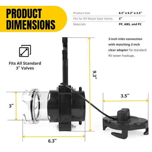 RV Waste Valve 3" with Clear Adapter and Cap